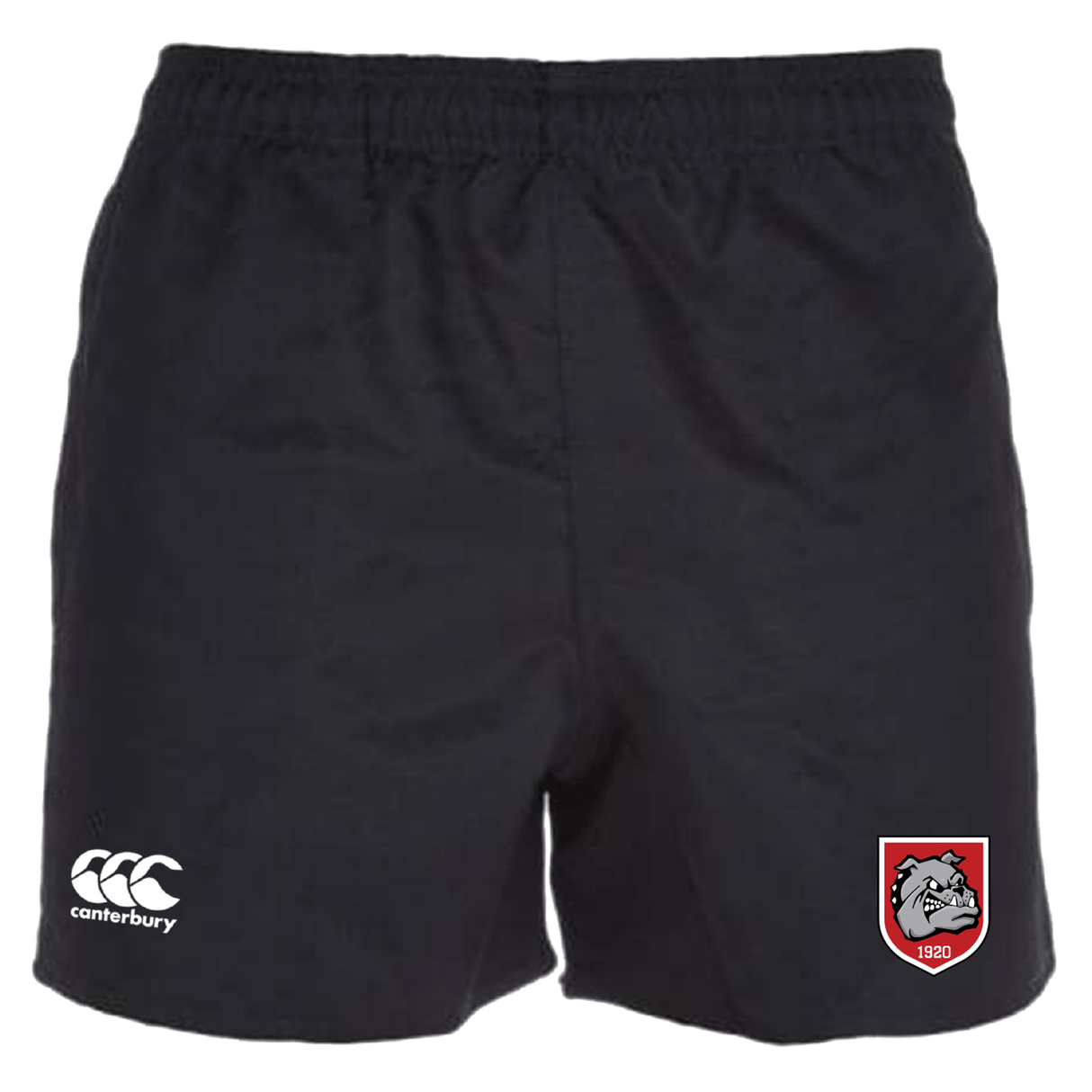 The AG Bulldogs Professional Polyester Rugby Short by EMB Canterbury features the logo on the left leg, a red and white bulldog emblem on the right, and is crafted from durable professional polyester for comfort.