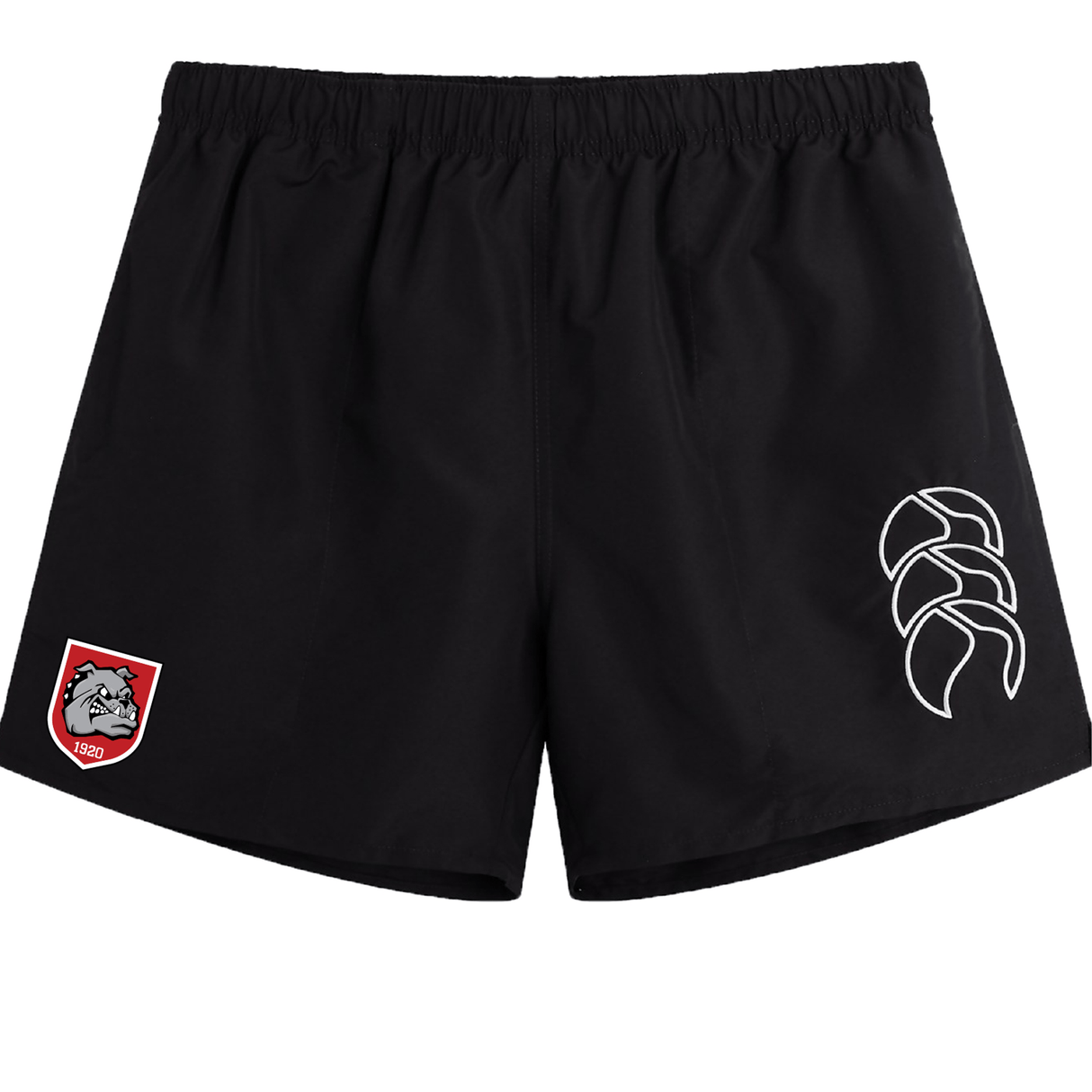 The AG Bulldogs Tactic Short by EMB Canterbury are black men's athletic shorts with a white abstract logo on the right leg and a red and white bulldog emblem on the left, inspired by classic Canterbury designs.