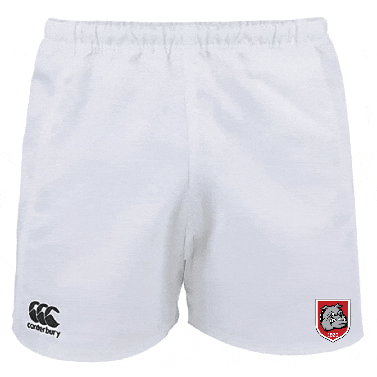 The AG Bulldogs Advantage Rugby Shorts by EMB Canterbury feature a black logo on the left leg and a red-grey bulldog emblem on the right, made with moisture-wicking fabric for comfort during play.