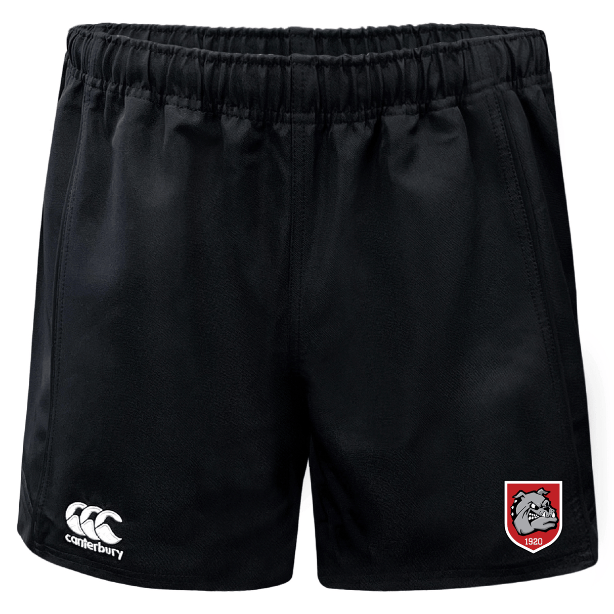 The AG Bulldogs Advantage Rugby Shorts by EMB Canterbury feature moisture-wicking fabric, an elastic waistband, a white Canterbury logo on the left leg, and a red bulldog badge on the right leg.