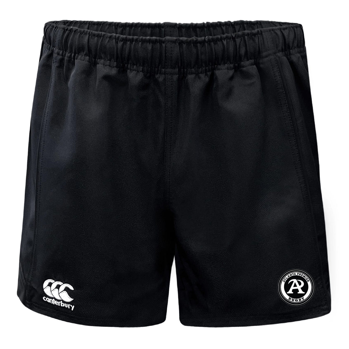 The Atlanta Premier Rugby Club Advantage Rugby Shorts by EMB Canterbury feature an elastic waistband, the Canterbury logo on the left thigh, and a circular AR rugby logo on the right thigh.