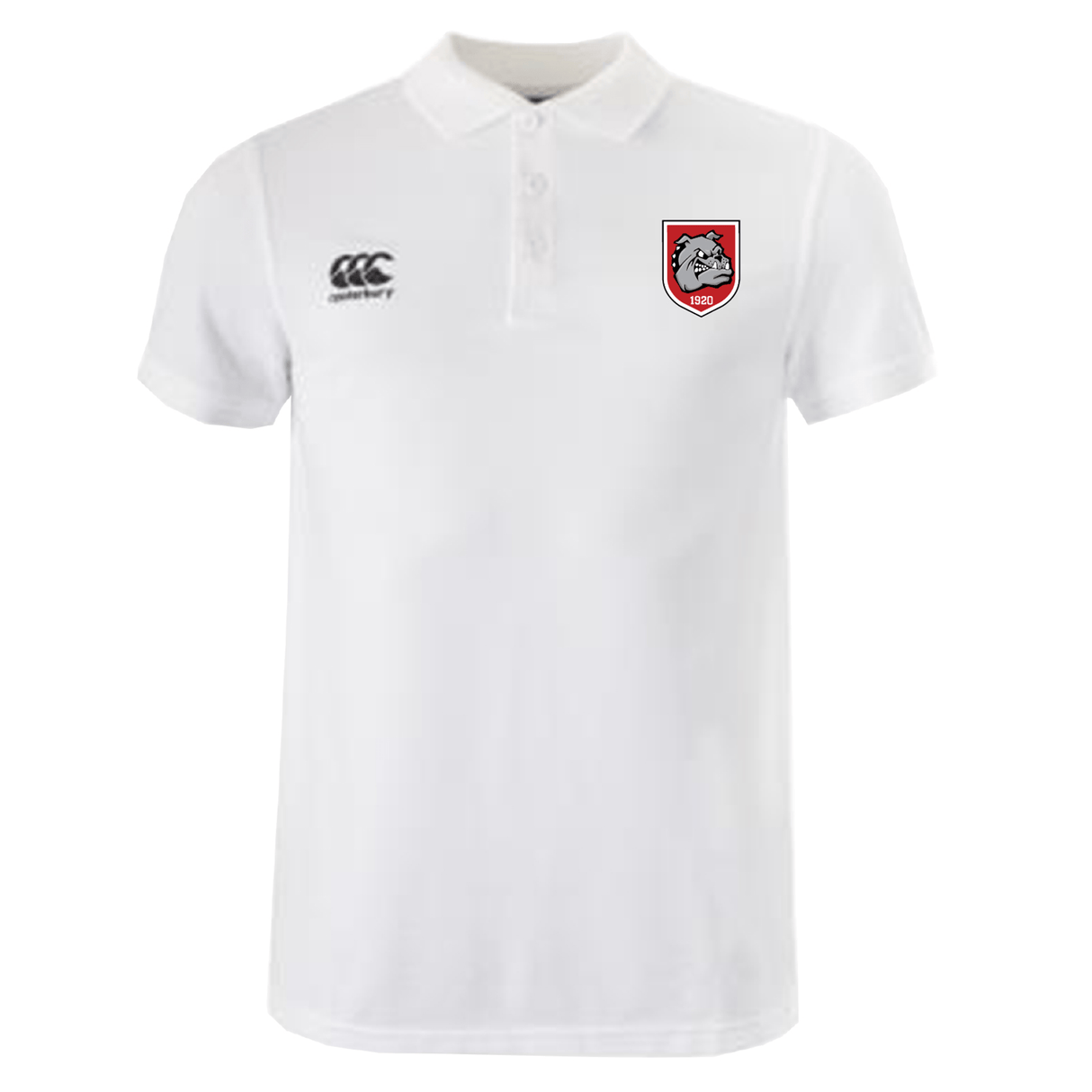 The AG Bulldogs Waimak Polo by Canterbury features a buttoned collar, black CCC logo on the right chest, and a red shield with a wolf on the left—an ideal EMB Canterbury pick for any rugby fan’s shirt collection.