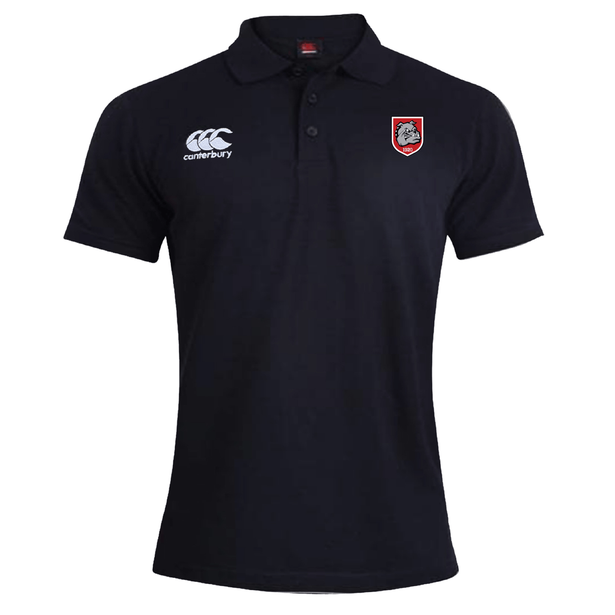 The AG Bulldogs Waimak Polo by EMB Canterbury is a black short-sleeve rugby polo with a white Canterbury logo on the right chest and a bulldog emblem crest on the left—ideal for any rugby fan’s shirt collection.