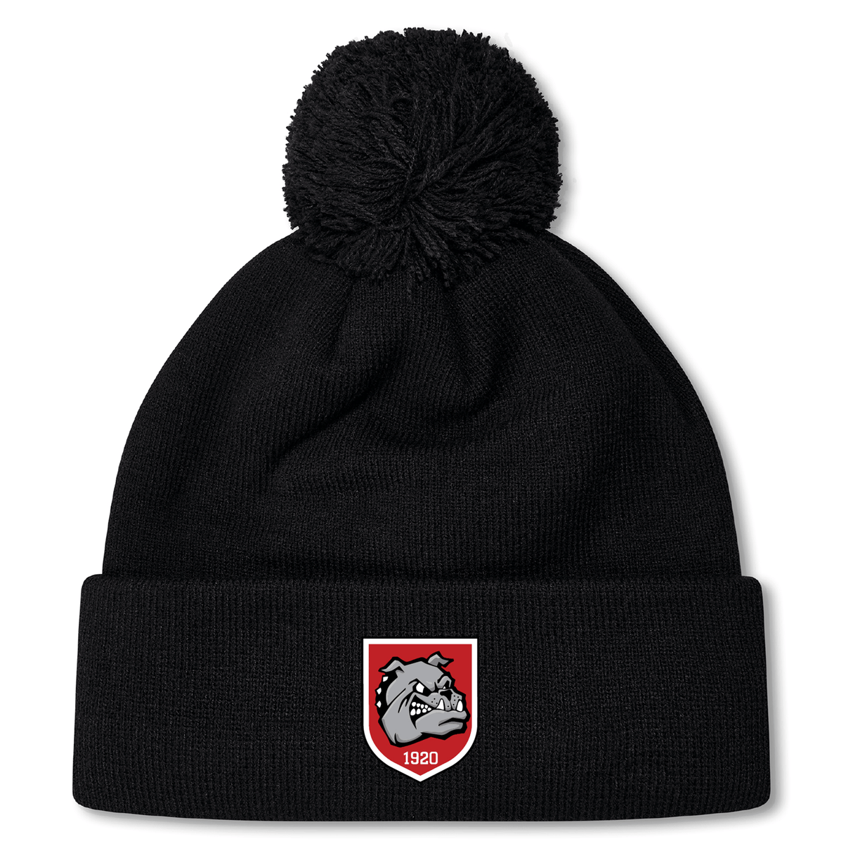 The AG Bulldogs Pom Pom Beanie by EMB Canterbury is a black knit hat with a pom-pom, featuring a red shield logo with a bulldog face and "1920" on the cuff for classic style.