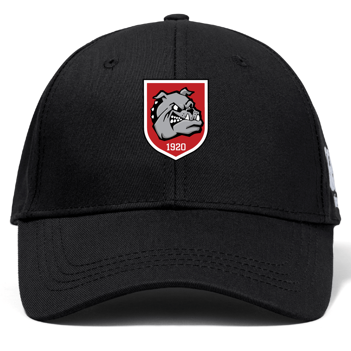 The AG Bulldogs Flexfit Drill Cap by EMB Canterbury features an embroidered red and white shield with a bulldog, "1920" text, and CCC logo on the front.