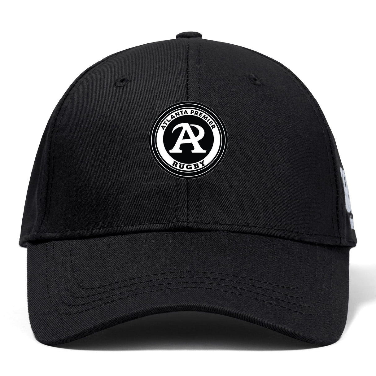 The Atlanta Premier Rugby Club Flexfit Drill Cap by EMB Canterbury is a black cap with a flex fit and an embroidered circular "Atlanta Premier Rugby" logo featuring a bold "A" on the front.