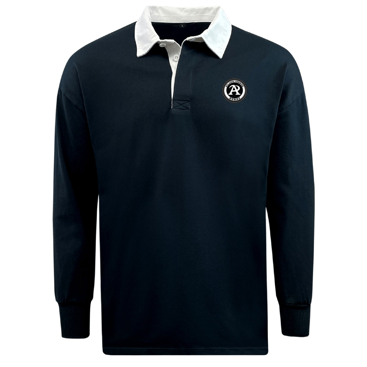 The EMB Mudoo Atlanta Premier Rugby Club Classic Long Sleeve Solid Rugby Jersey features a black cotton-poly blend, white collar, button placket, and a circular embroidered logo on the left chest.
