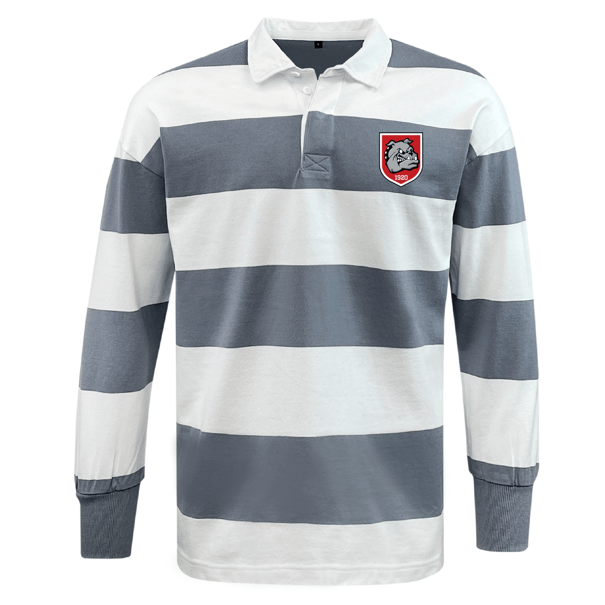 The EMB Mudoo AG Bulldogs Classic Long Sleeve Hooped Rugby Jersey features wide gray and white stripes, a traditional collar, and a red and white bulldog patch on the left chest.