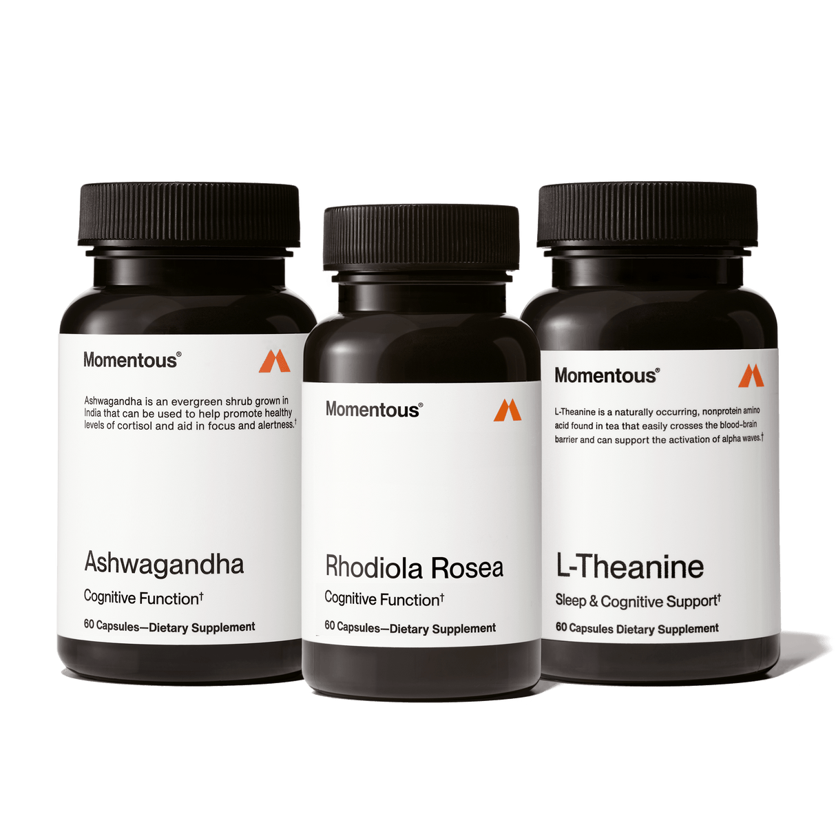 The Momentous Adaptogen Stack by Momentous includes Ashwagandha, Rhodiola Rosea, and L-Theanine supplements to support cognitive clarity and stress resilience, shown against a white background.