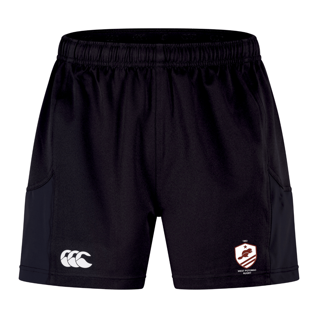 The West Potomac RFC Advantage Short 2.0 by EMB Canterbury features an elastic waistband, white Canterbury logo on the left leg, and club crest on the right leg—perfect athletic shorts for training or daily wear.