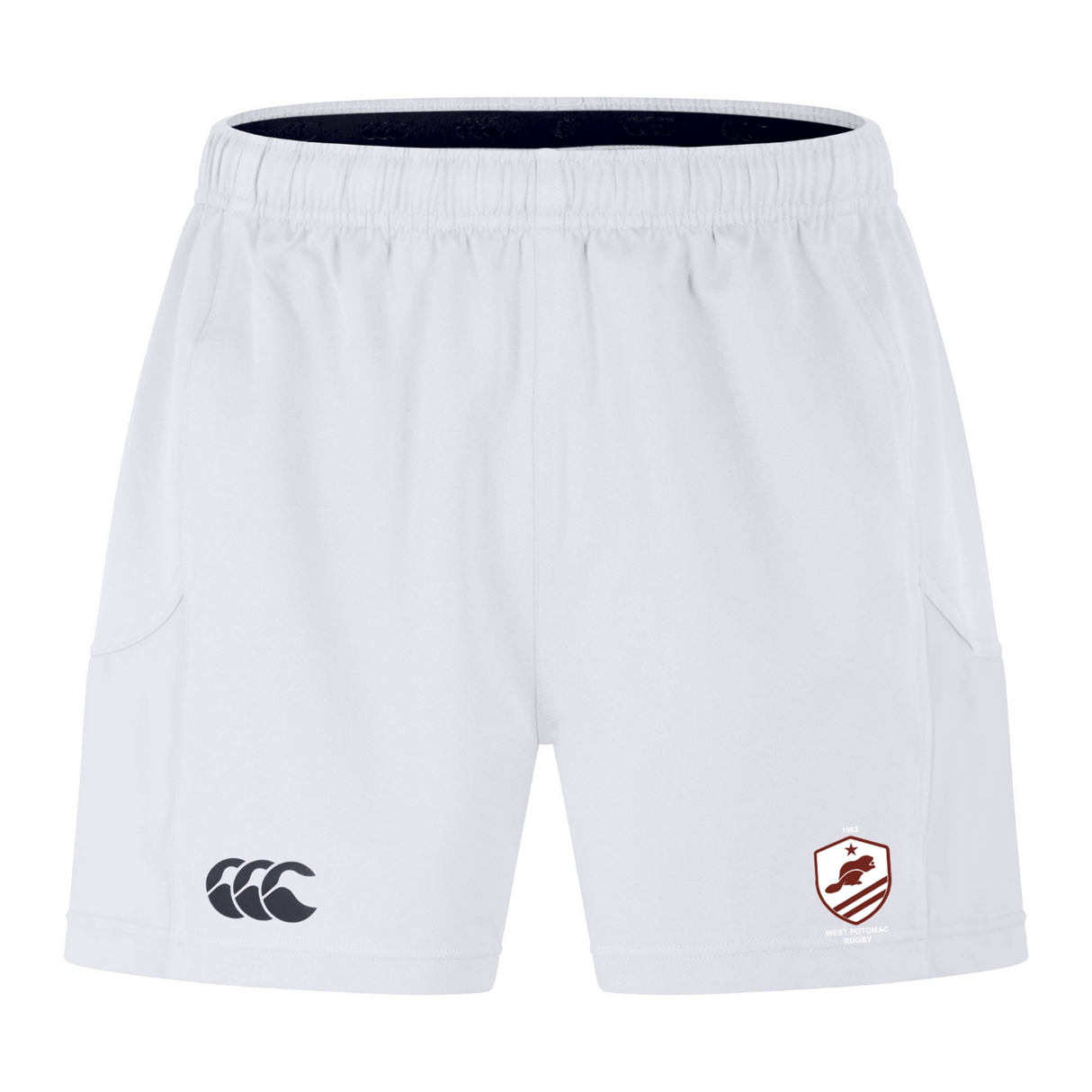 The West Potomac RFC Advantage Short 2.0 by EMB Canterbury features an elastic waistband, black Canterbury logo (left leg), red shield emblem (right), and is part of our sustainable sportswear collection.