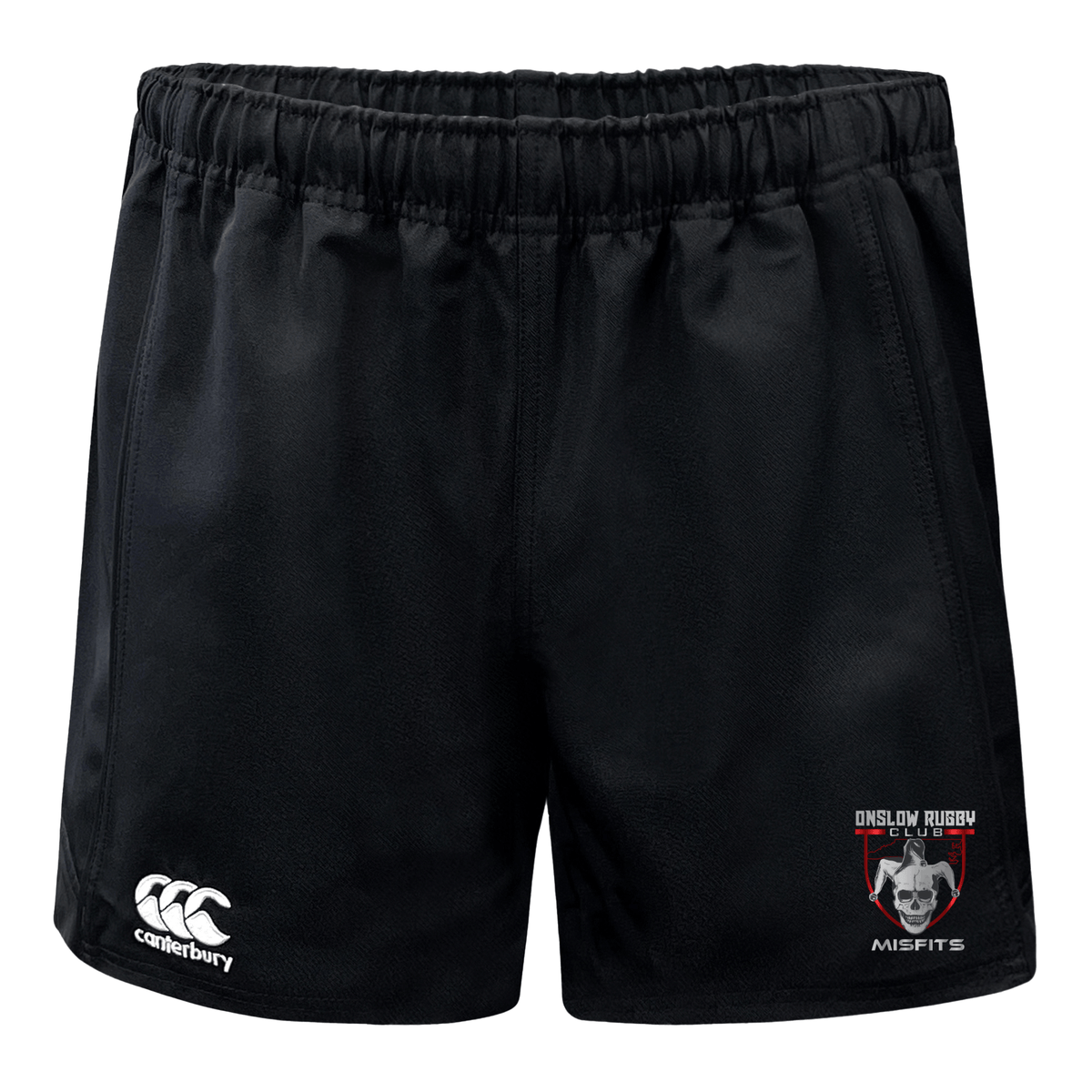 Black Onslow Rugby Misfits Advantage Rugby shorts with Moisture Wicking Fabric and EMB Canterbury logos on the right leg.