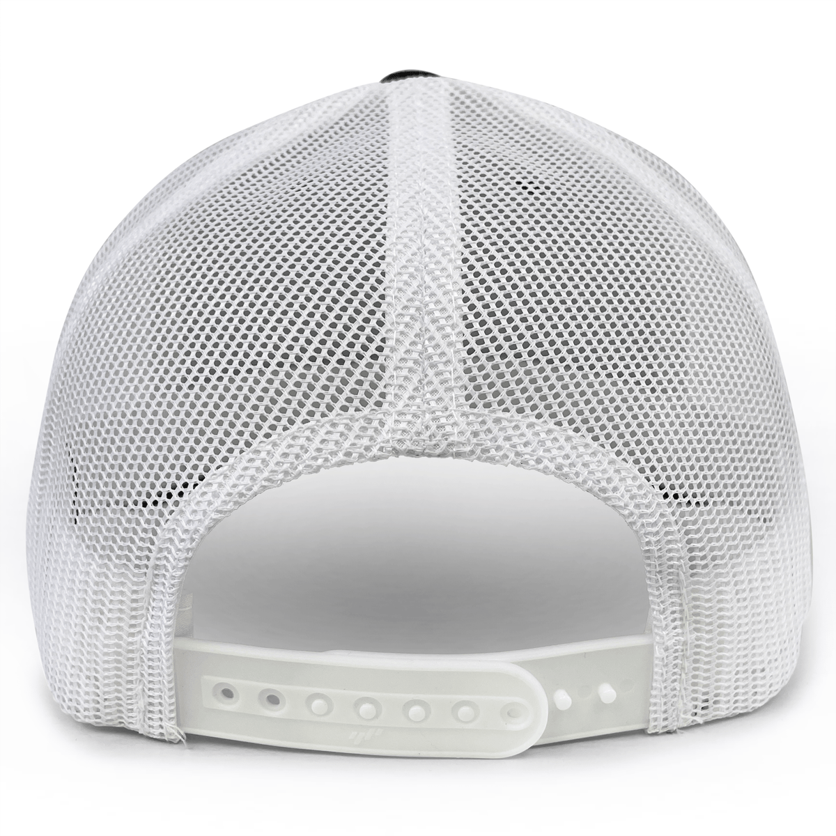 The image shows the back view of a white mesh EMB S&S Activewear Mystical Geese Retro Trucker Hat featuring an adjustable snapback closure.