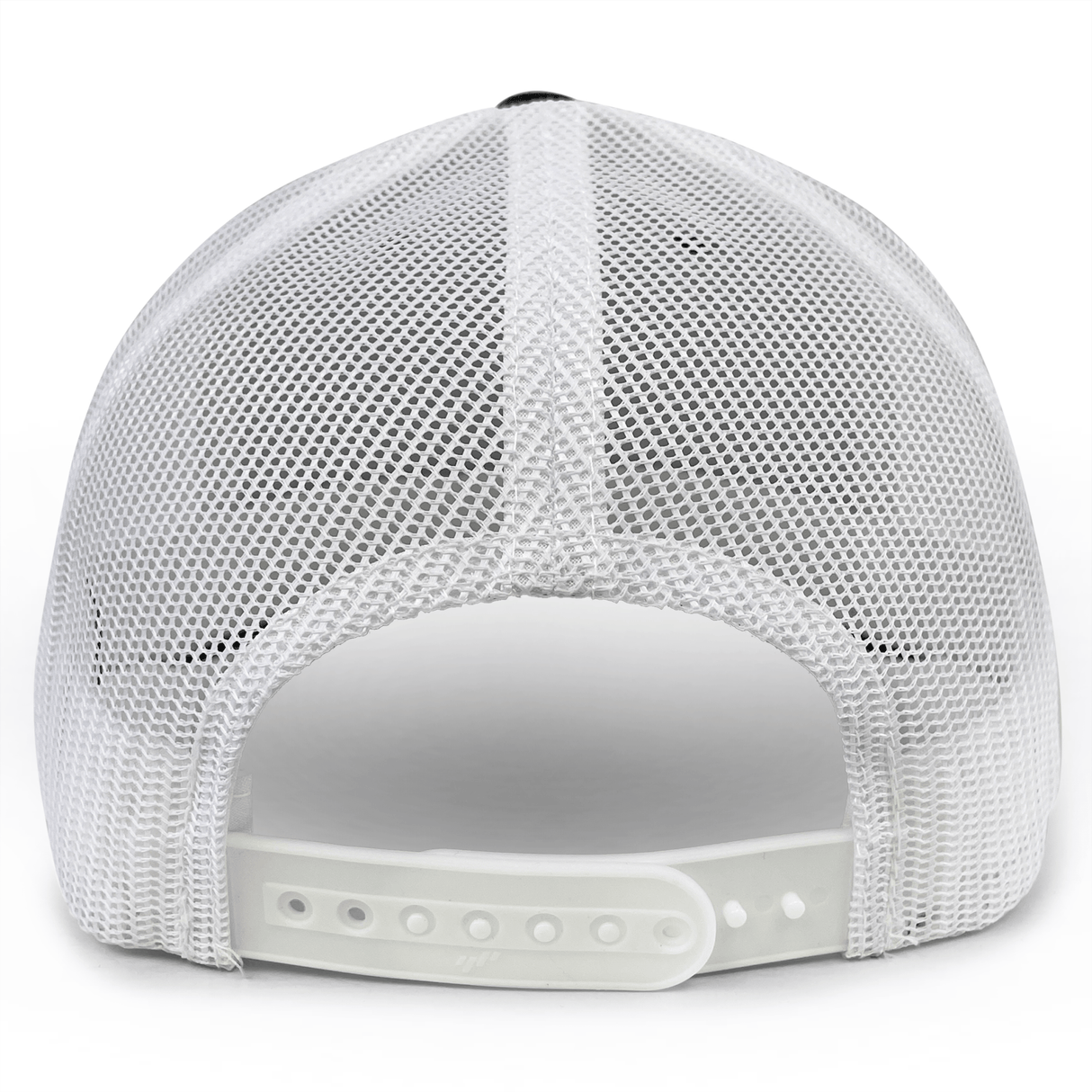 Rear view of the Fiji Retro Trucker Cap by EMB S&S Activewear, featuring white mesh, an adjustable plastic snapback, and an embroidered Fiji logo—ideal for showing your Flying Fijian spirit.
