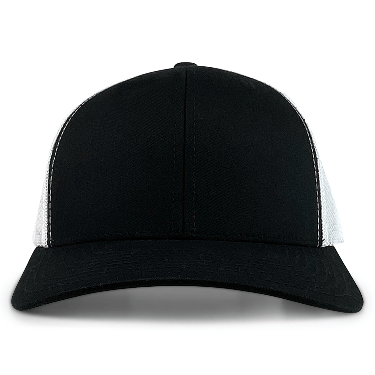 The S&S Activewear Retro Trucker Cap features a curved bill, black front panels, white mesh side panels, and a snapback closure, shown from the front.