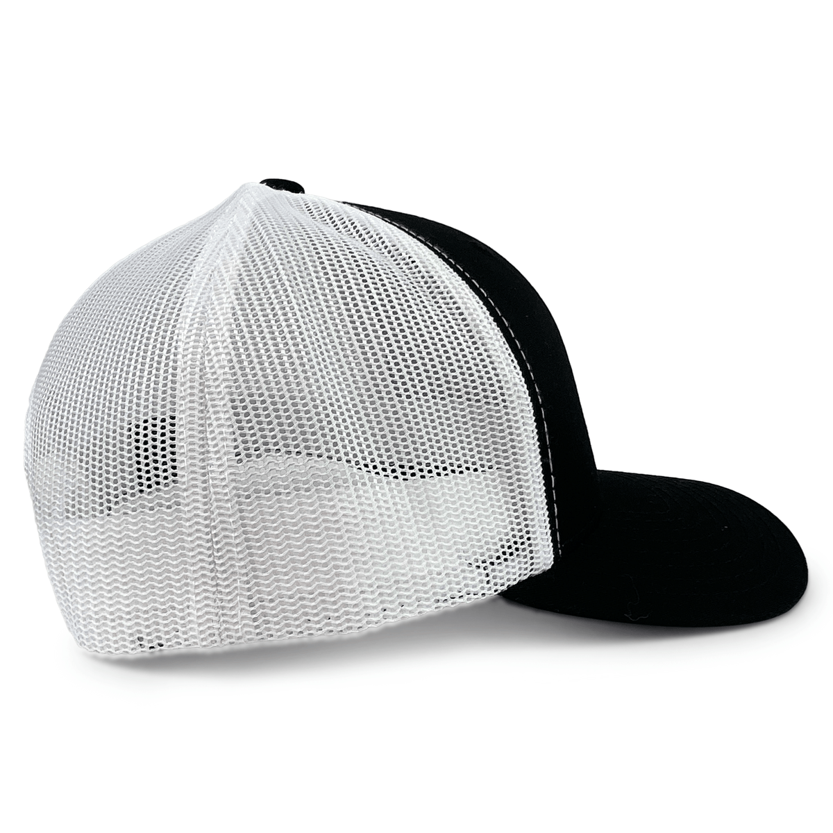 The S&S Activewear Retro Trucker Cap features a black front panel and bill, white mesh back, and snapback closure for a classic yet comfortable style, shown in side view.