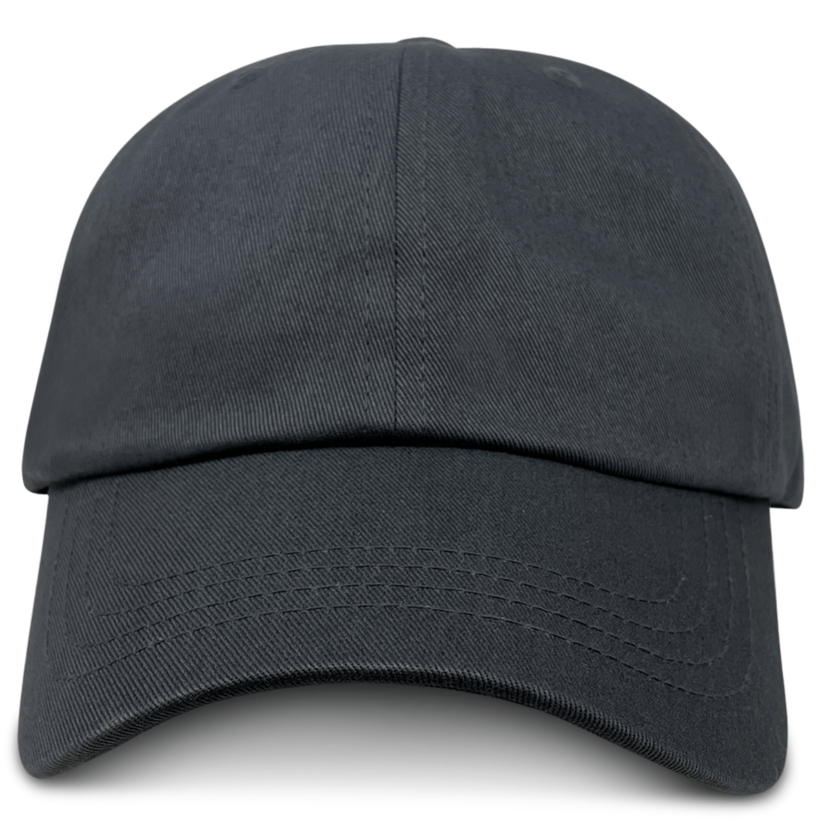 The S&S Activewear Adult Low-Profile Cotton Twill Dad Cap is shown from the front, featuring a curved brim and stitched panels in plain black.