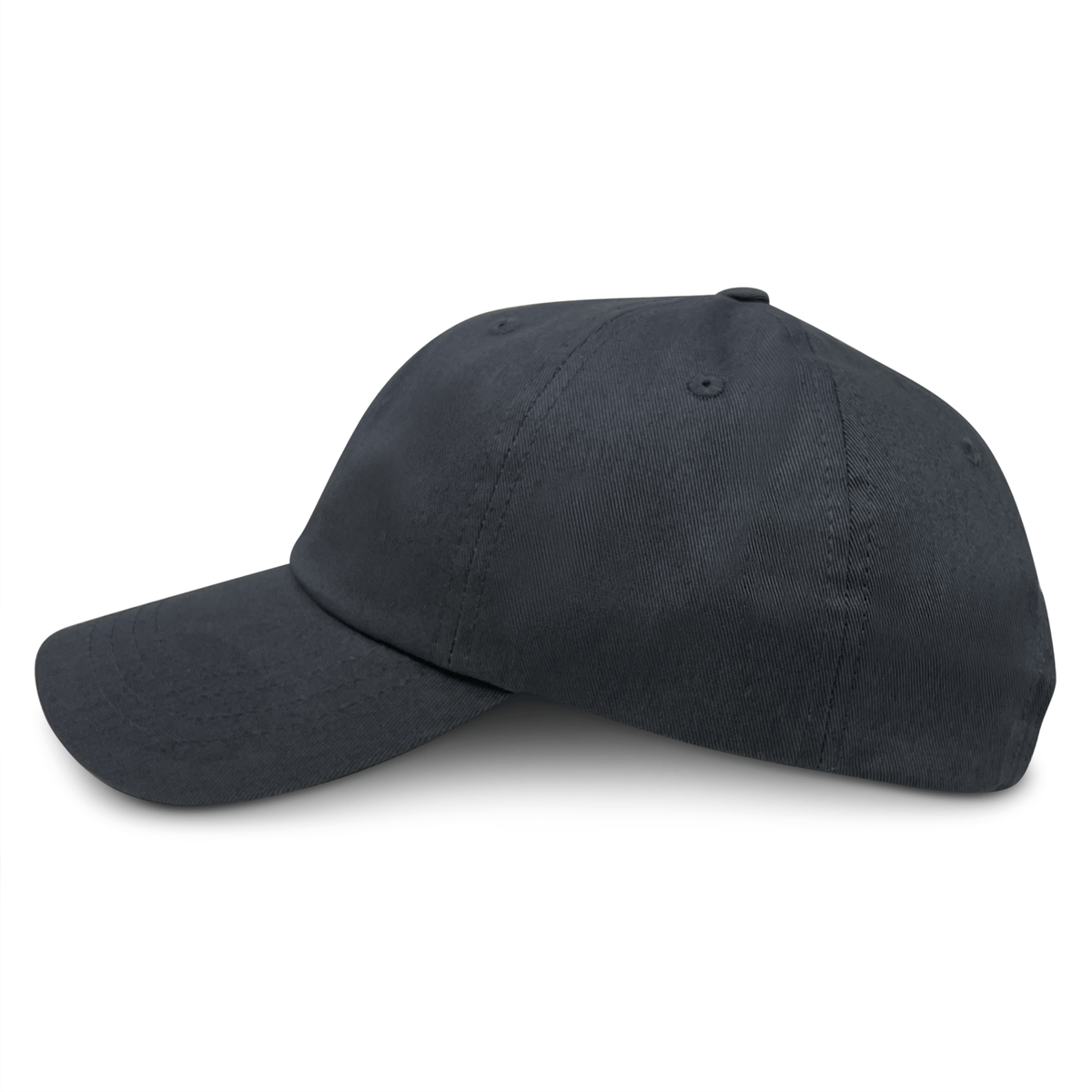 The S&S Activewear Adult Low-Profile Cotton Twill Dad Cap in classic black is crafted from soft cotton twill and shown from a side angle against a white background.