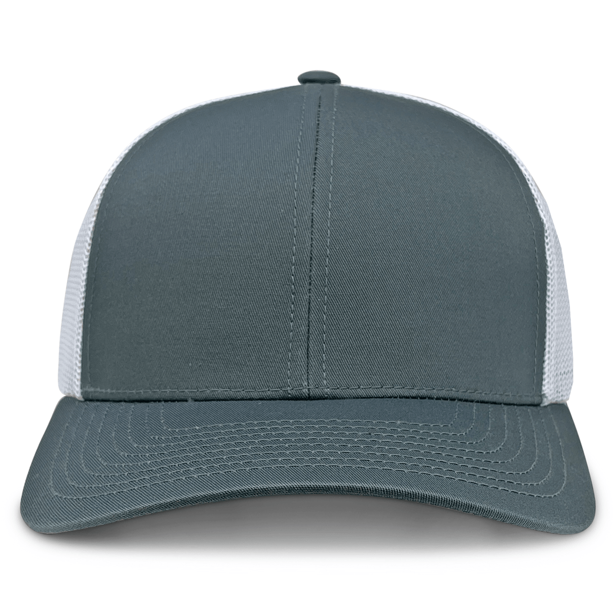 The S&S Activewear Retro Trucker Cap features a gray and white design, mesh back, solid front panel, snapback closure, and is shown from the front view.