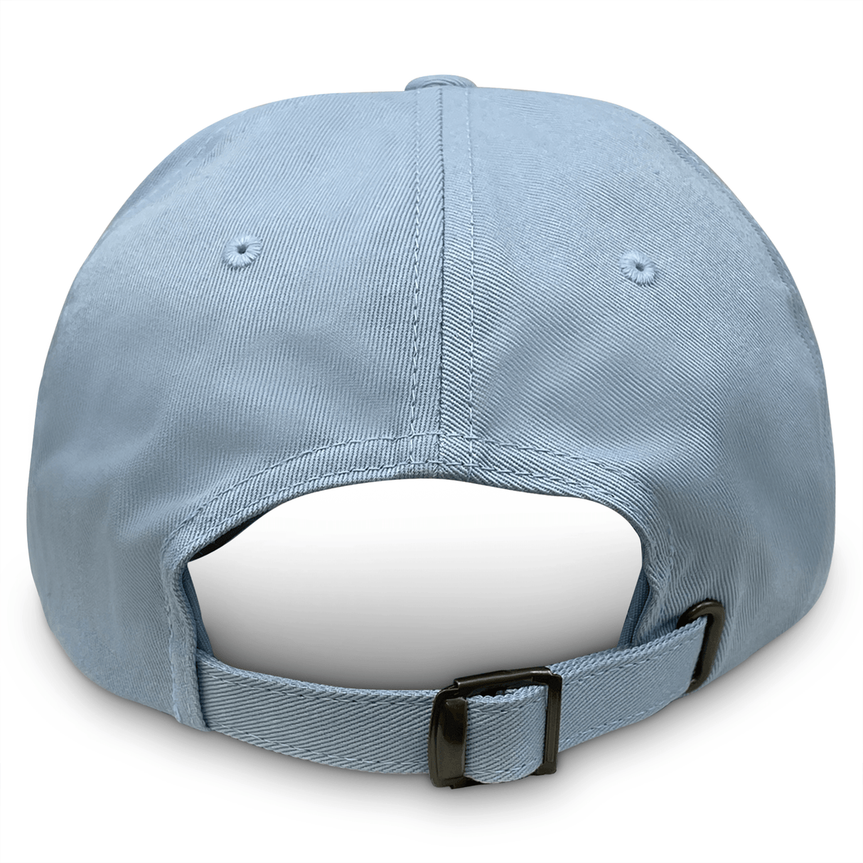 The Fiji Throwback Cotton Twill Dad Cap by EMB S&S Activewear is shown from the back in light blue, featuring an adjustable strap with a metal buckle and two stitched eyelets for a classic look.