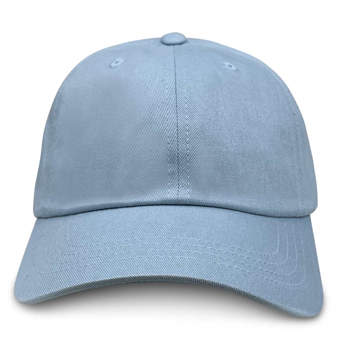 The S&S Activewear Adult Low-Profile Cotton Twill Dad Cap in plain light blue is shown from the front against a white background.