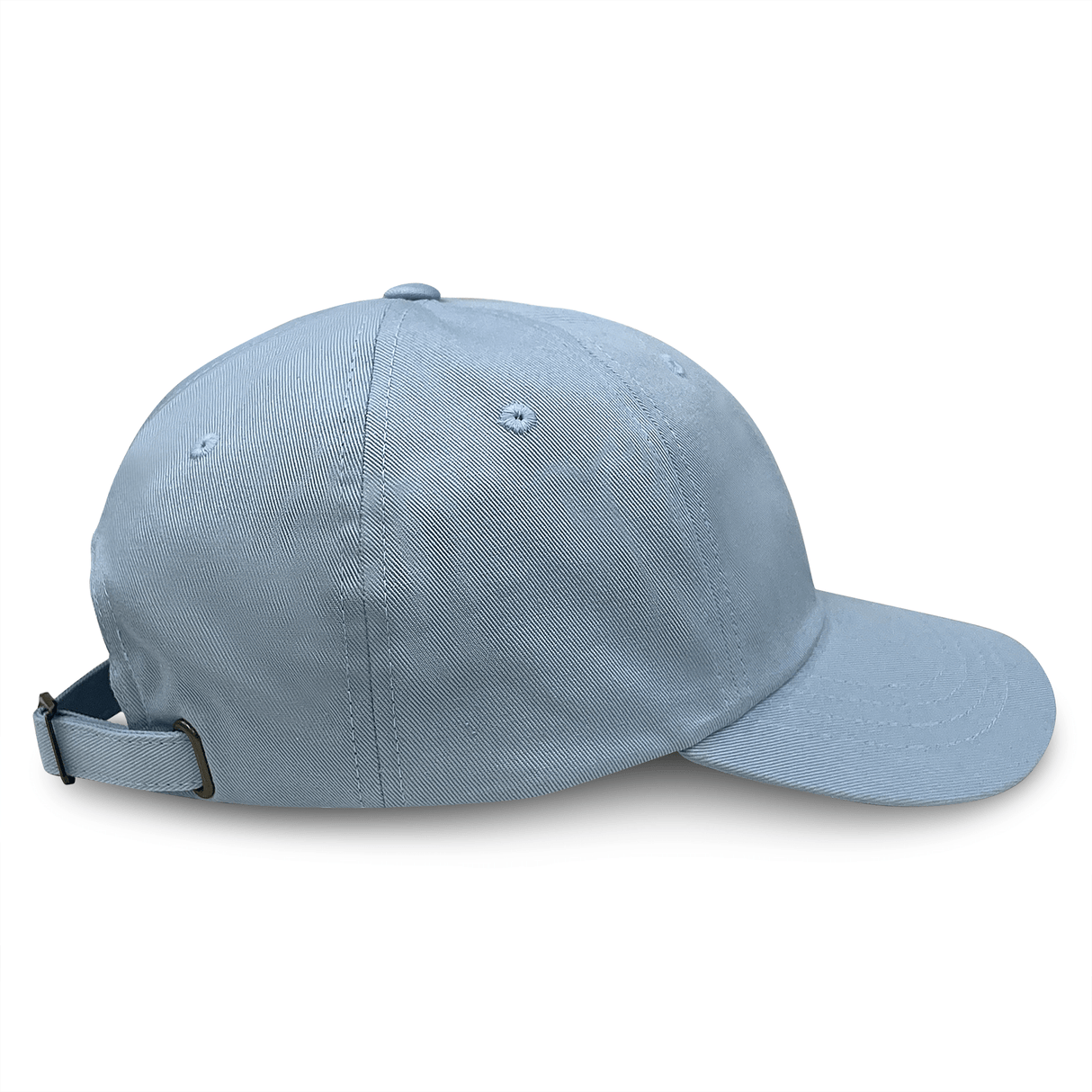 The S&S Activewear Adult Low-Profile Cotton Twill Dad Cap in light blue is shown from the side, featuring an embroidered design, curved brim, and adjustable back strap.