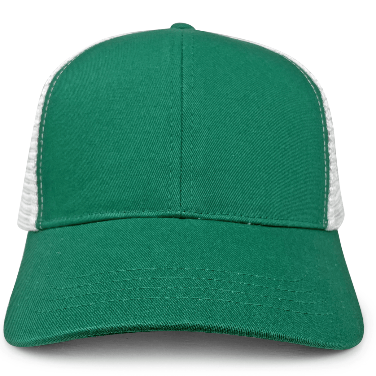 The S&S Activewear Retro Trucker Cap features a solid green front and bill, white mesh sides and back, and a classic snapback closure, shown from the front.