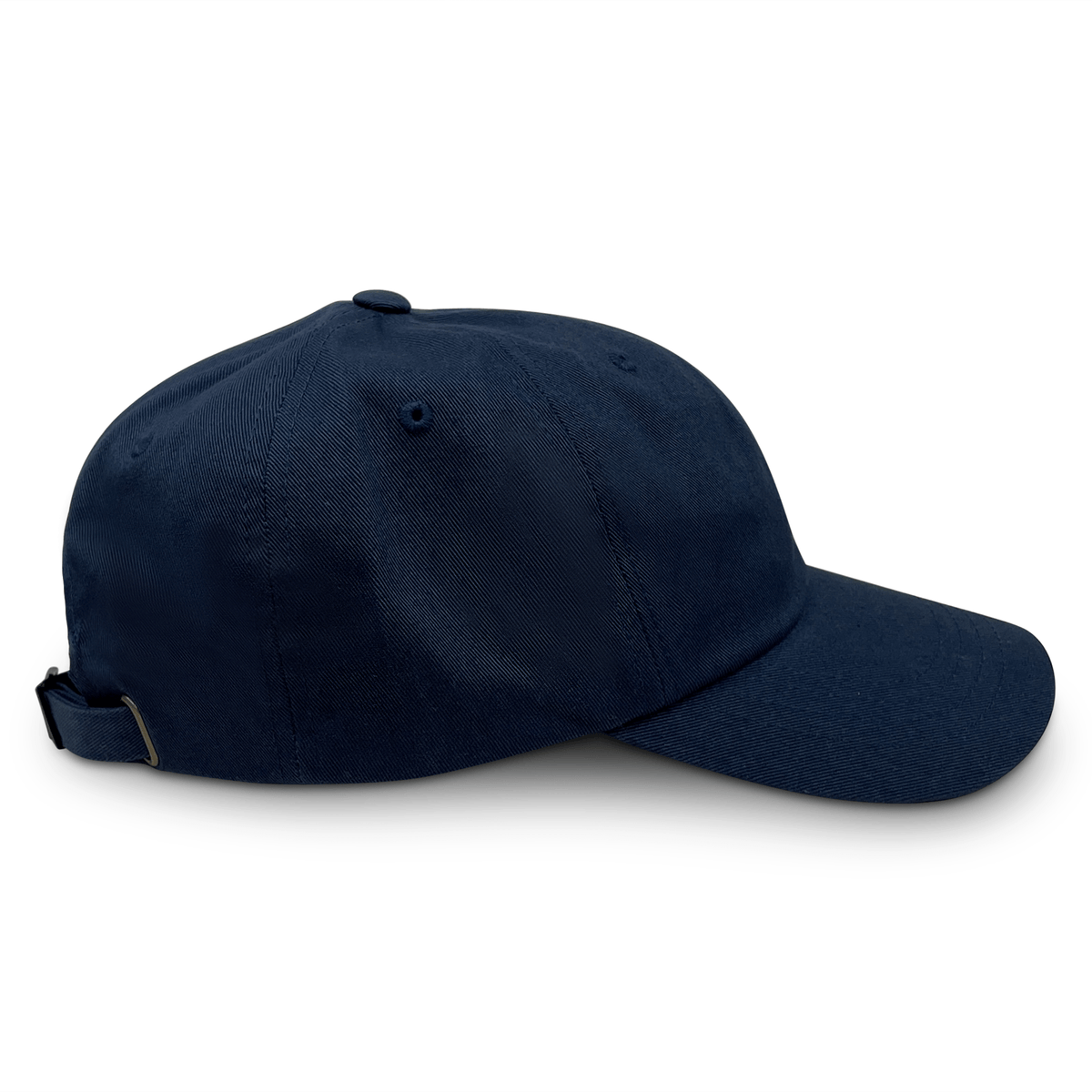 The S&S Activewear Adult Low-Profile Cotton Twill Dad Cap in navy blue features a curved brim, adjustable strap, and side-embroidered design, displayed against a white background.