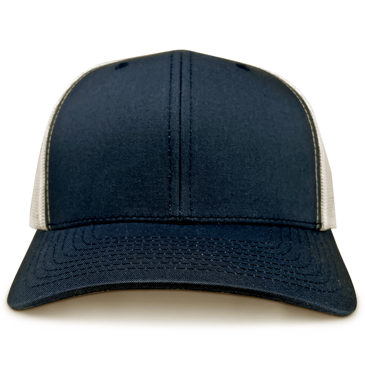 The S&S Activewear Retro Trucker Cap, featuring a navy blue and white color scheme with an embroidered design, is displayed front-facing against a plain white background.