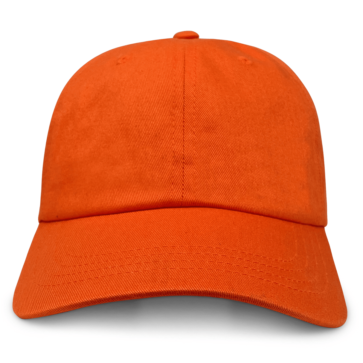 The S&S Activewear Adult Low-Profile Cotton Twill Dad Cap in orange is shown from the front, highlighting its curved brim and top button against a white background.