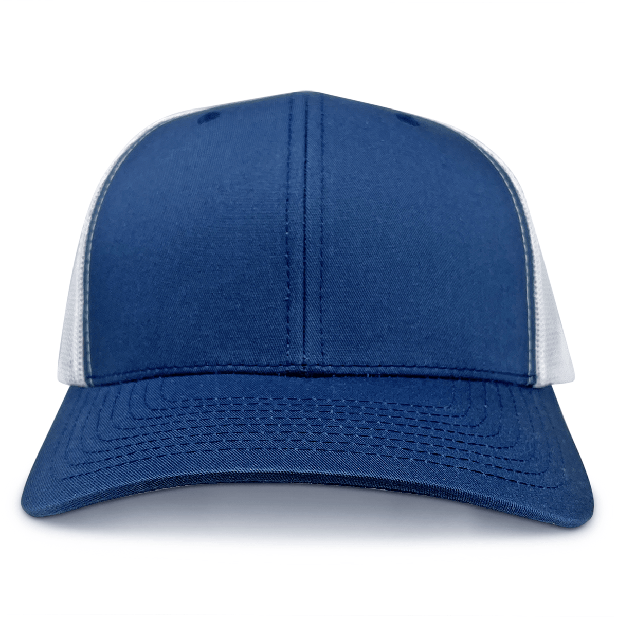 Front view of the S&S Activewear Retro Trucker Cap in blue, featuring white mesh side and back panels, a curved brim, visible stitching, and a snapback closure.