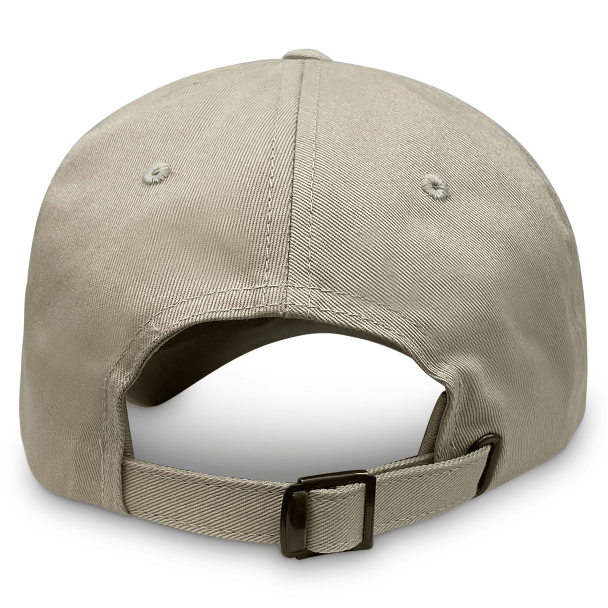The S&S Activewear Adult Low-Profile Cotton Twill Dad Cap in beige is shown from the back, highlighting its adjustable strap with metal buckle, two ventilation eyelets, and detailed embroidery.