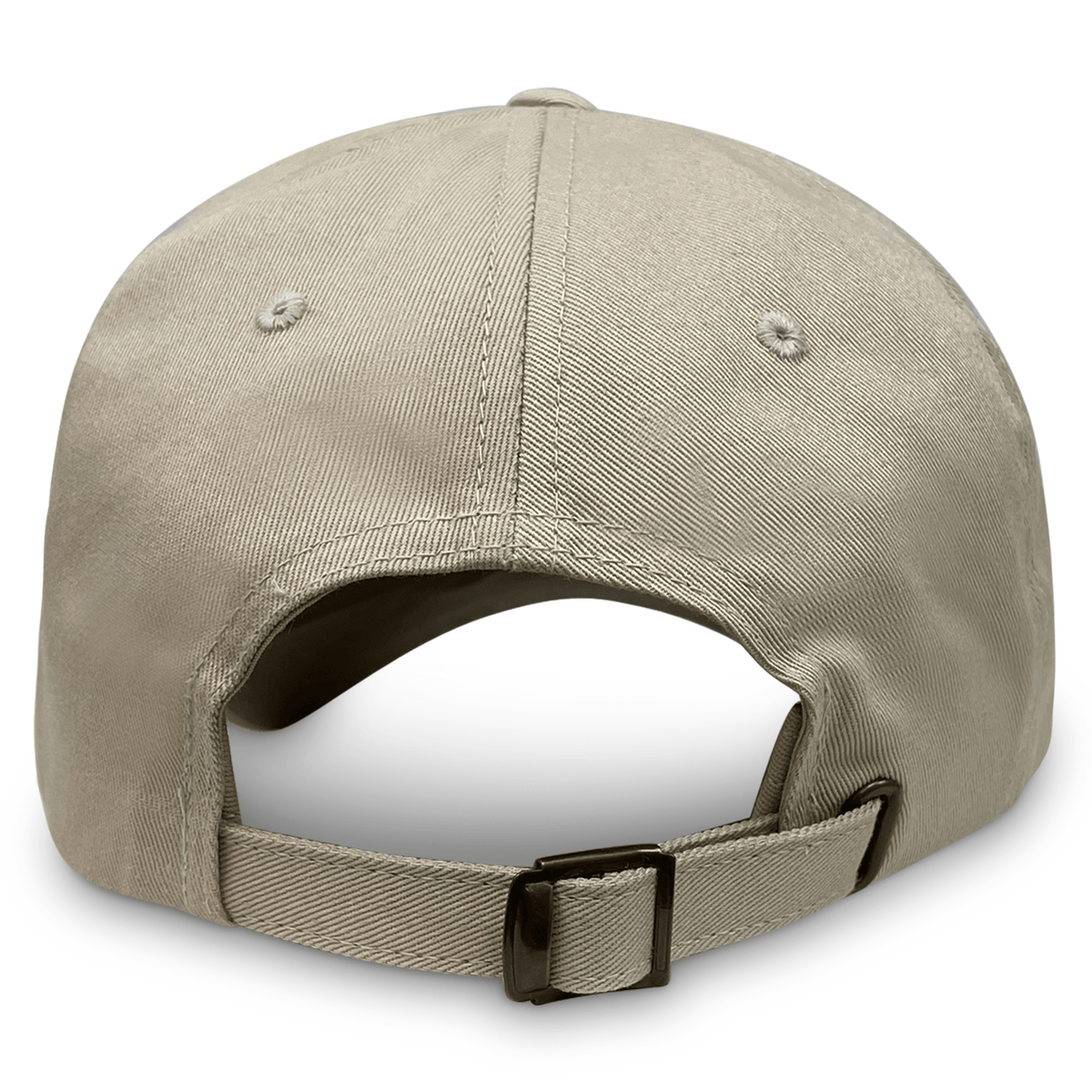 The Nations of Rugby Canada Rugby Dad Cap by EMB S&S Activewear is a beige cap seen from the back, featuring an adjustable buckle strap, two ventilation eyelets, and stylish embroidered Canadian Rugby details.