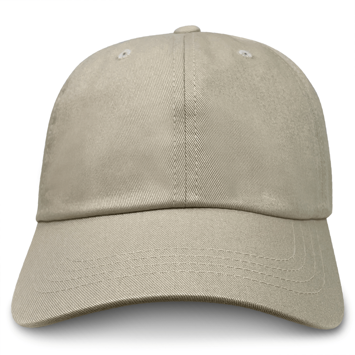 The S&S Activewear Adult Low-Profile Cotton Twill Dad Cap features a plain beige design, curved brim, and stitched eyelets on the crown, shown from the front.