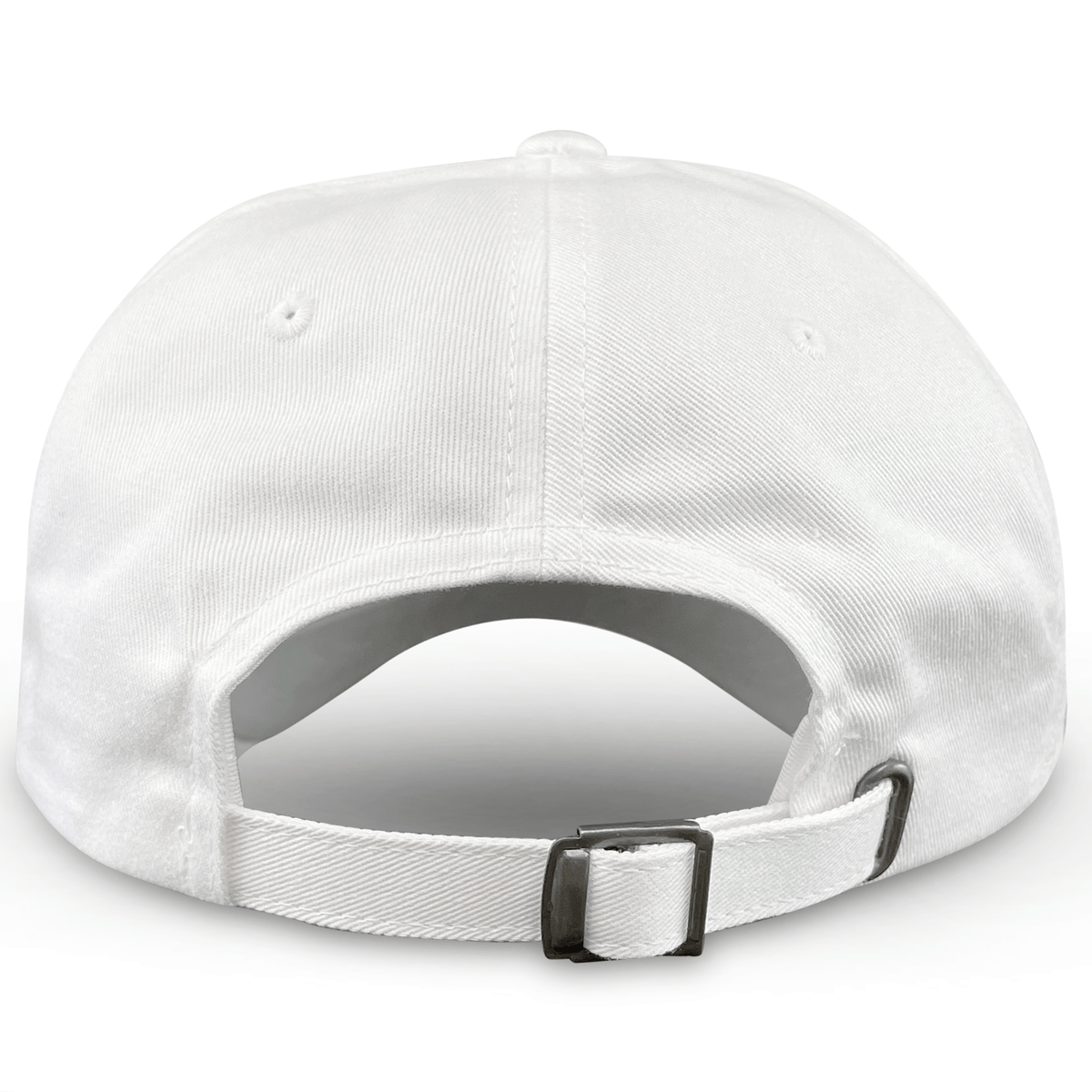 A close-up of The Sharks Crest Cotton Twill Dad Cap by EMB S&S Activewear, featuring a plain white cotton twill design inspired by Sharks Rugby, with an adjustable strap and metal buckle at the back.