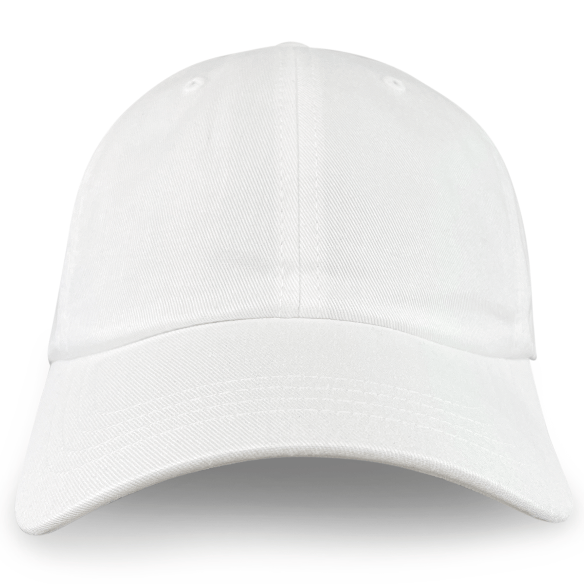The S&S Activewear Adult Low-Profile Cotton Twill Dad Cap is shown in plain white from the front, set against a white background.