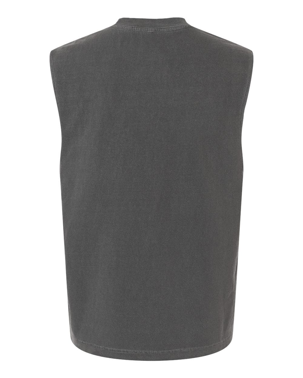Back view of the Watch More Rugby Everyday Muscle Tee by WRS S&S Activewear—a sleeveless, dark gray vest with a crew neckline and classic rugby-inspired style—displayed against a white background.