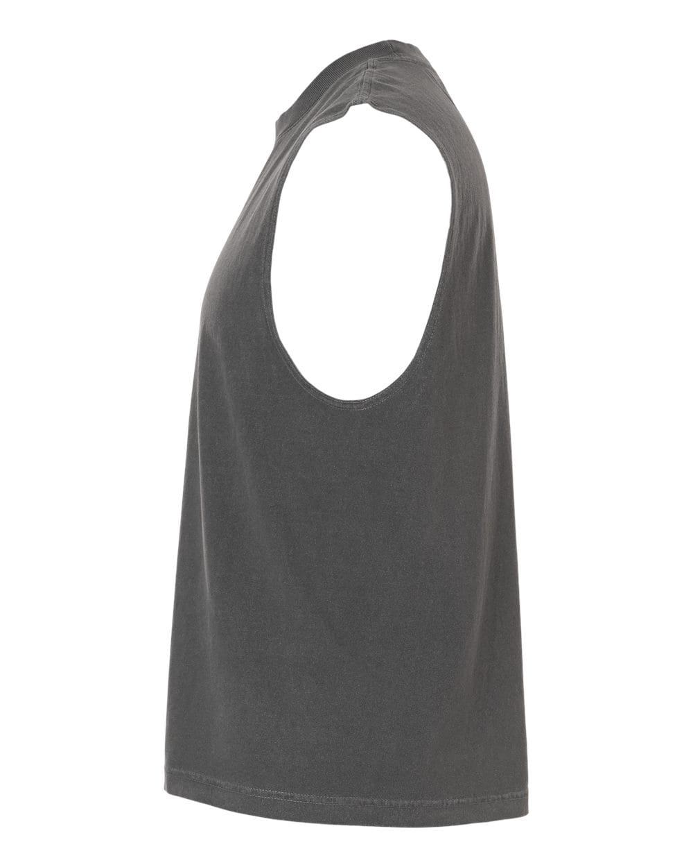 The Watch More Rugby Everyday Muscle Tee by WRS S&S Activewear is a sleeveless gray vintage tank, shown from the side, with wide armholes and a straight hem.