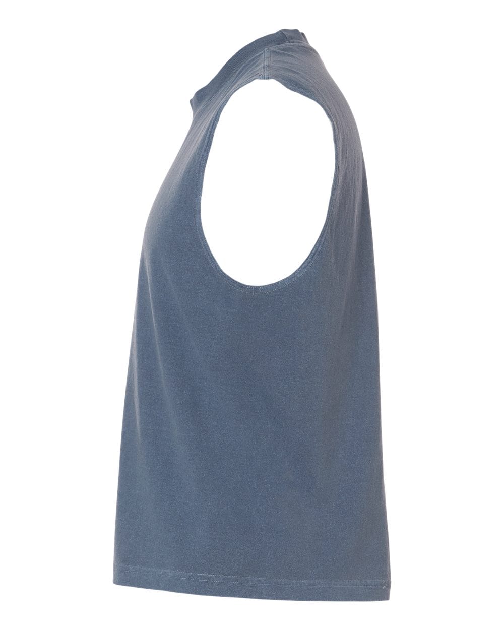 Side view of the Watch More Rugby Retro Muscle Tee by WRS S&S Activewear, a sleeveless, blue, loose-fit shirt featuring wide armholes and a straight hem.