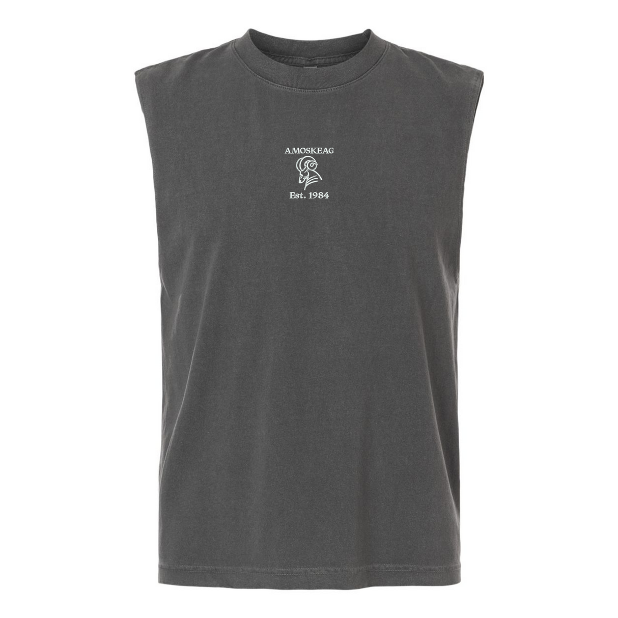 The Amoskeag Rugby Club Unisex Muscle Tee by EMB S&S Activewear is a sleeveless black top with "AMOSKEAG Est. 1984" and a small Spartan helmet on the chest, made from heavyweight cotton for comfort and style.