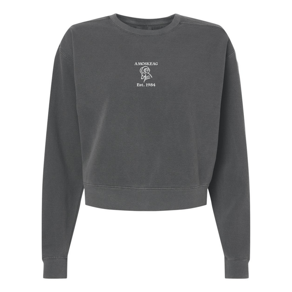 The EMB S&S Activewear Women's Amoskeag Rugby Club Mid-Length Crewneck Sweatshirt is a dark gray, relaxed-fit top with "AMOSKEAG Est. 1984" and a small white graphic on the chest, inspired by classic rugby club styles.