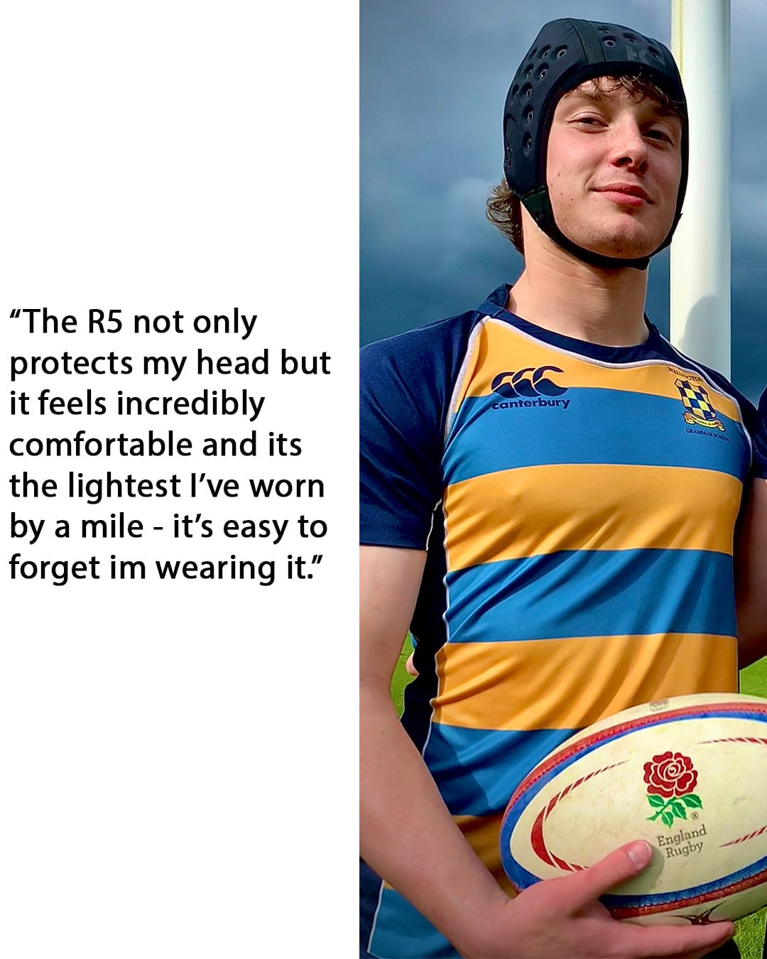 A rugby player wearing a striped jersey and headgear stands holding a rugby ball. A text quote next to him praises the Hedkayse R5 Headguard with Enkayse technology for its unparalleled protection and comfort.
