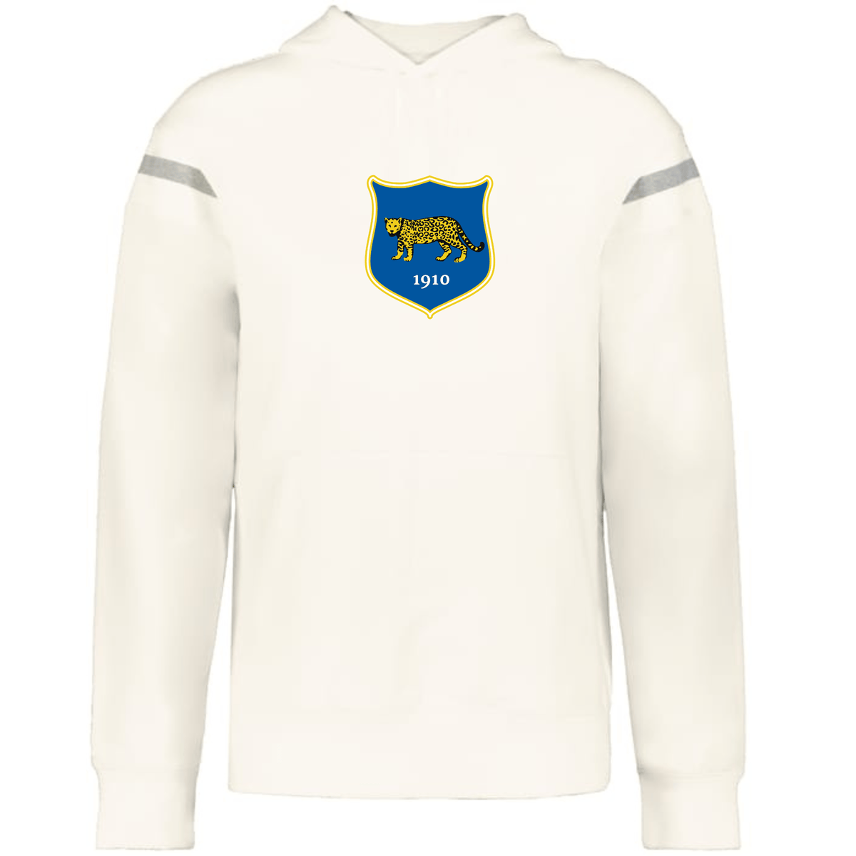 The Argentina Heritage Prep Vintage Shield Hoodie by WRS Augusta features a blue and yellow emblem with a cheetah and 1910, celebrating Argentina heritage.