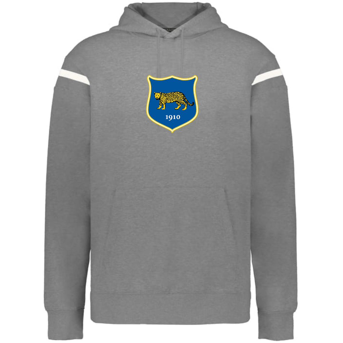 The WRS Augusta Argentina Heritage Prep Vintage Shield Hoodie is gray with white sleeve stripes and a blue vintage cheetah crest featuring "1910," inspired by Argentina Heritage.