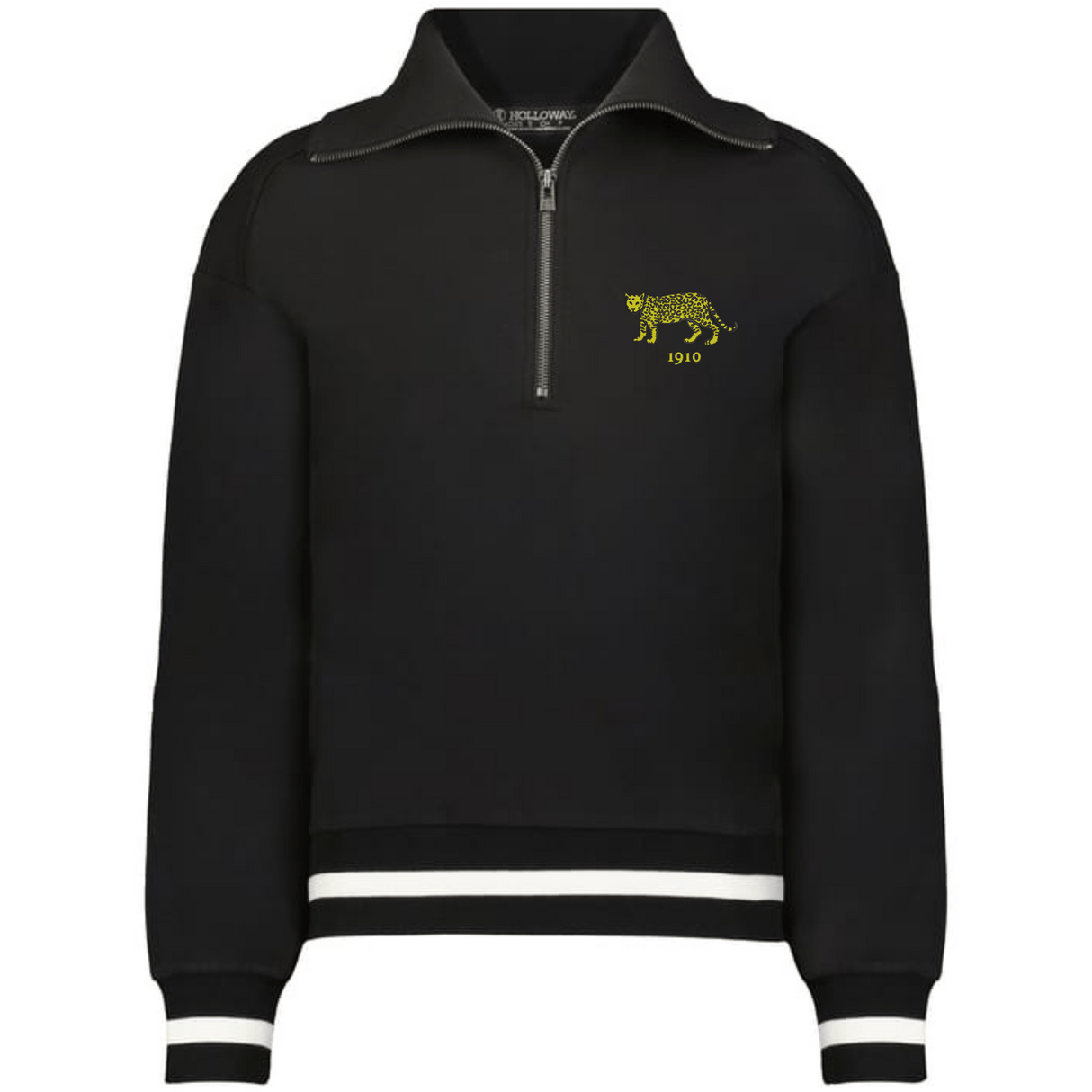 The EMB Augusta Women's Vintage Argentina Heritage Prep Pullover in black features white stripes on the cuffs and hem, plus a small yellow leopard with "1910" on the left chest for a classic, vintage look.