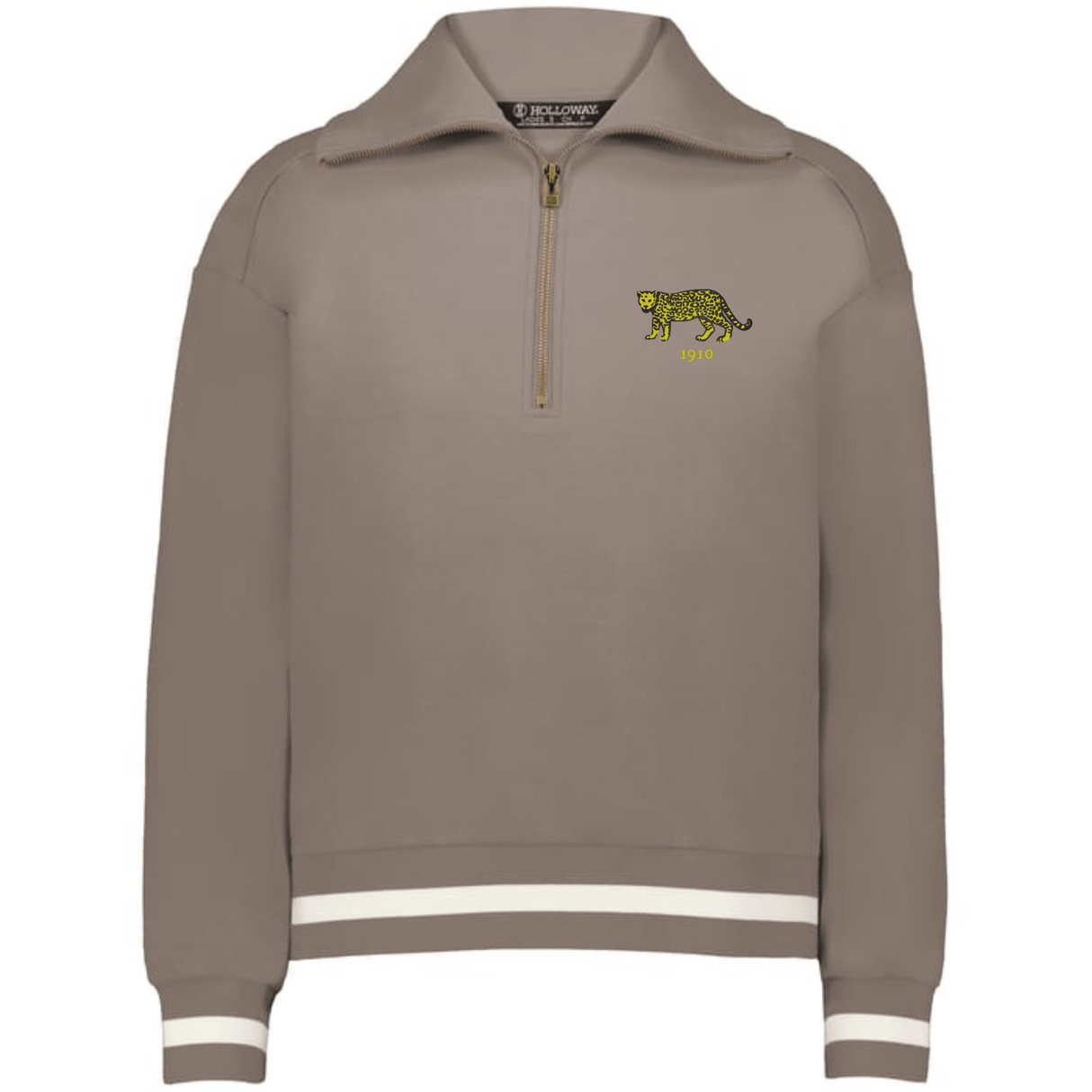 The EMB Augusta Women's Vintage Argentina Heritage Prep Pullover is a taupe quarter zip sweatshirt with white striped cuffs and hem, featuring an embroidered yellow and black leopard on the left chest.