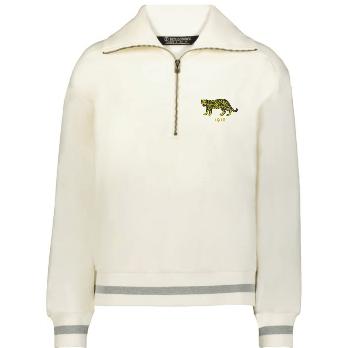 The EMB Augusta Women's Vintage Argentina Heritage Prep Pullover is a cream quarter zip sweater with grey-striped cuffs and hem, plus an embroidered leopard and "1910" on the left chest.