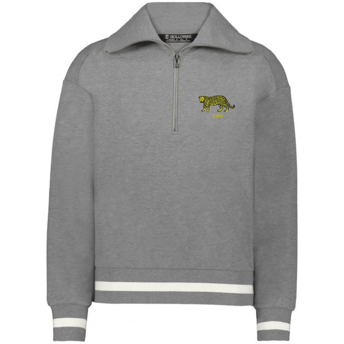 The EMB Augusta Women's Vintage Argentina Heritage Prep Pullover is a gray quarter zip with white stripes on the cuffs and hem, featuring a small yellow and black cheetah graphic on the left chest.