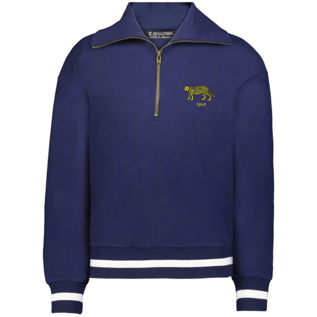 The EMB Augusta Women's Vintage Argentina Heritage Prep Pullover is a navy quarter zip with white cuff and hem stripes, plus a small yellow cheetah and "1910" embroidered on the chest for classic heritage-inspired style.