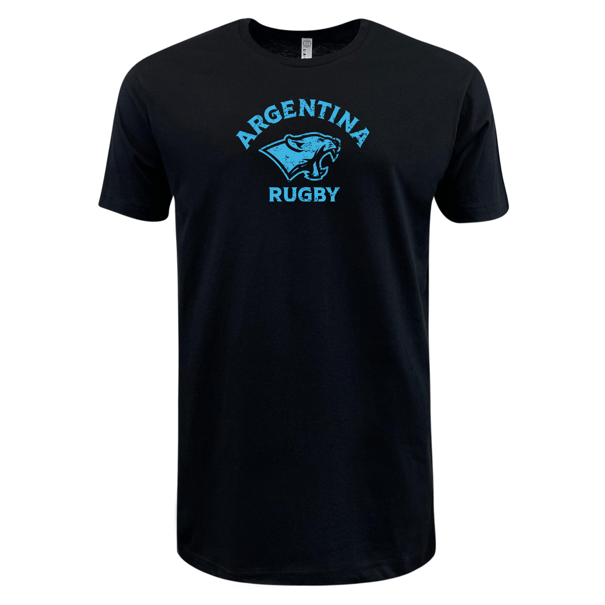 Sky blue T-shirt with white text and a graphic of a jaguar head. The text reads "ARGENTINA RUGBY" and is part of the exclusive Nations of Rugby collection by WRS LAT.
